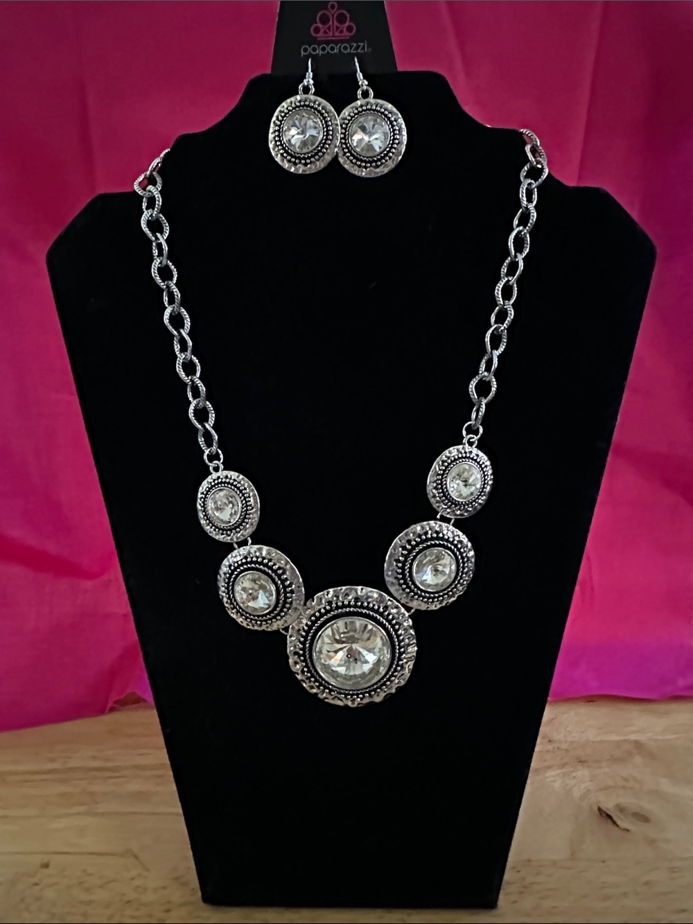 paparazzi Silver Clear Crystal Medallion Necklace & Earrings